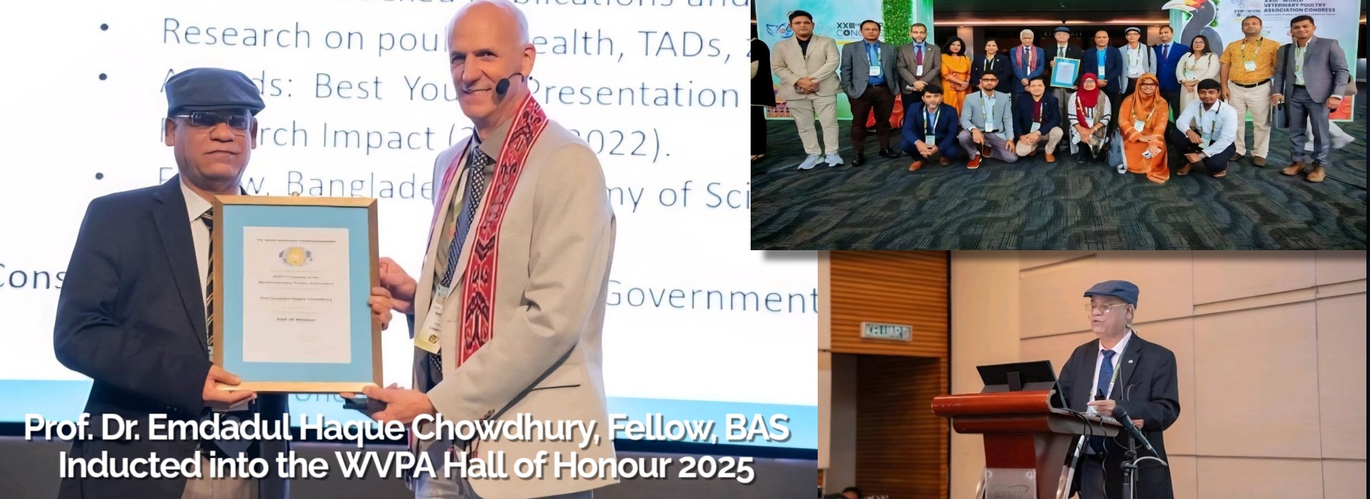 The World Veterinary Poultry Association (WVPA) has honoured Professor Dr. Emdadul Haque Chowdhury, a distinguished poultry pathologist and academic leader from Bangladesh Agricultural University (BAU), and Fellow, Bangladesh Academy of Sciences (BAS) through his induction into the WVPA Hall of Honour 2025 in recognition of his outstanding contributions to poultry veterinary science.